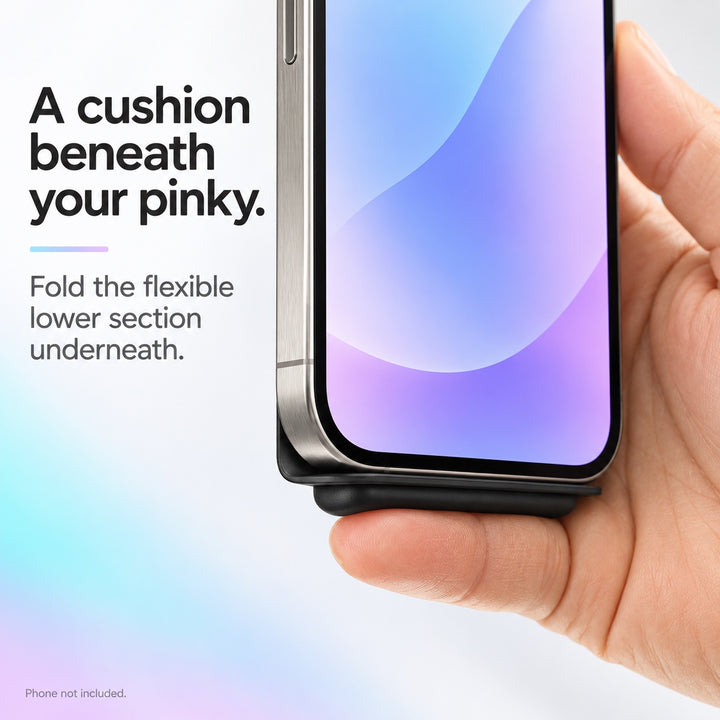Black PinkyPillow cushion folded beneath a silver phone to support the pinky