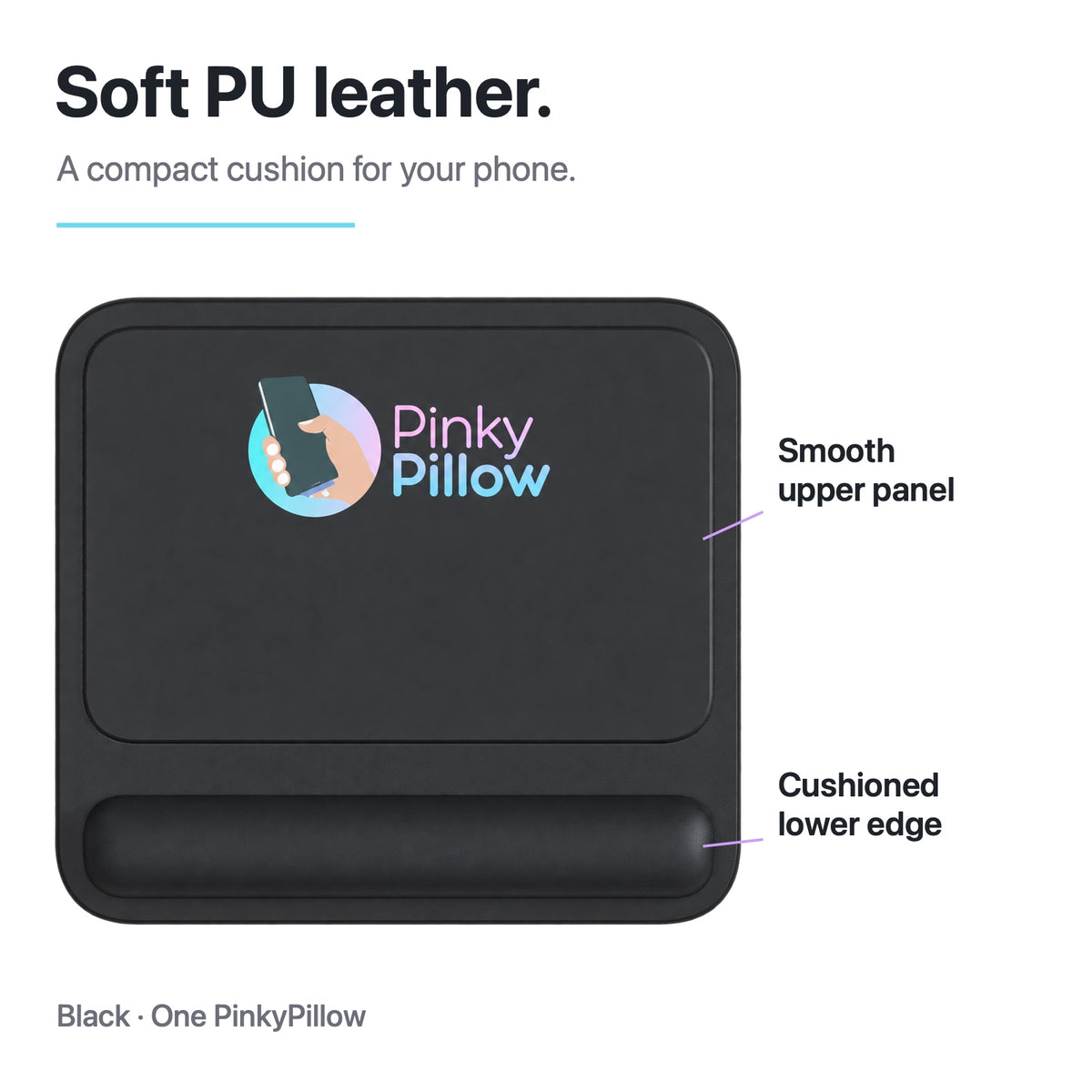 Close view of the soft PU leather exterior of a black PinkyPillow